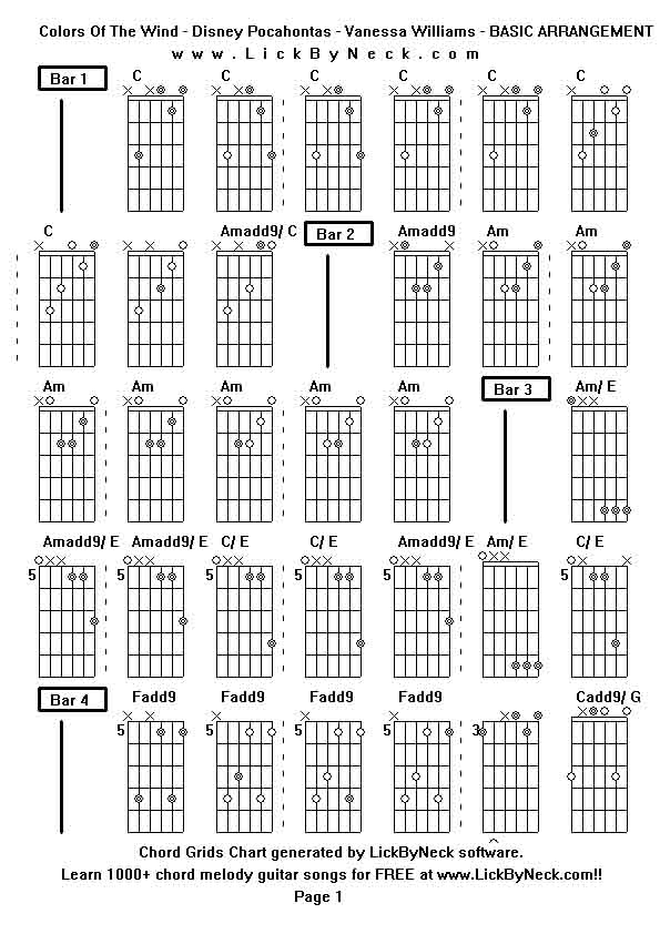 Chord Grids Chart of chord melody fingerstyle guitar song-Colors Of The Wind - Disney Pocahontas - Vanessa Williams - BASIC ARRANGEMENT,generated by LickByNeck software.